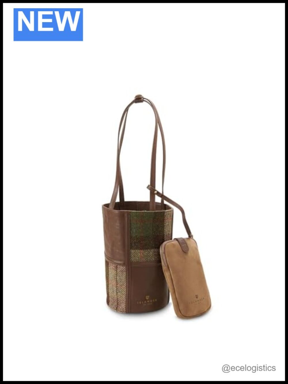 Harris Tweed Tote Genuine Leather Bucket Bag Inner Pocket